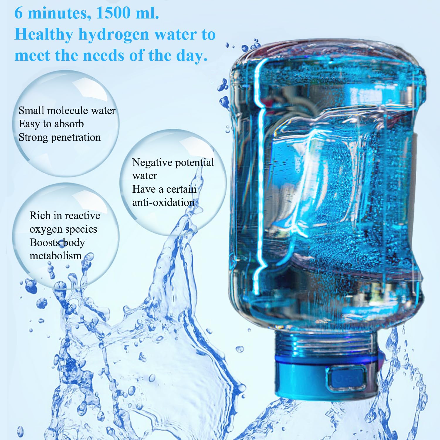 Hydrogen Water Bottle, 1.5L High-Capacity Drop-Proof, Portable Hydrogen Water Machine with SPE and PEM Technology, Rechargeable Hydrogen Water Generator, Suitable for Family and Fitness