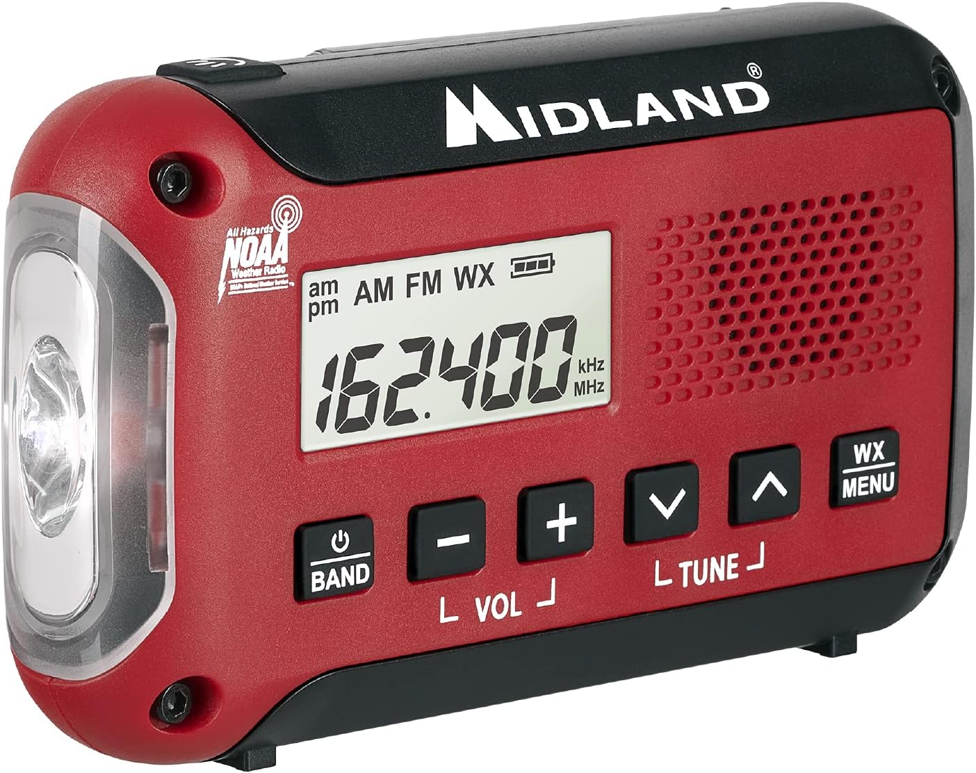 Midland - ER310, Emergency Crank Weather AM/FM Radio - Multiple Power Sources, SOS Emergency Flashlight, Ultrasonic Dog Whistle, & NOAA Weather Scan + Alert (Red/Black)