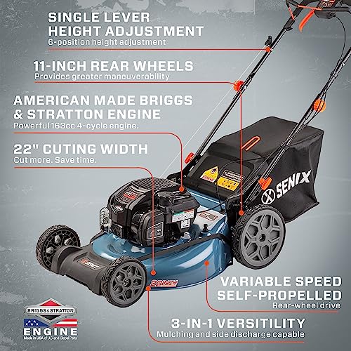 SENIX LSSG-H2 22-Inch Self Propelled Gas Lawn Mower with 163 cc 4-Cycle Engine, 3-in-1 Rear Wheel Drive Variable Speed Lawnmower, 6-Position Height Adjustment with 11-Inch Rear Wheels