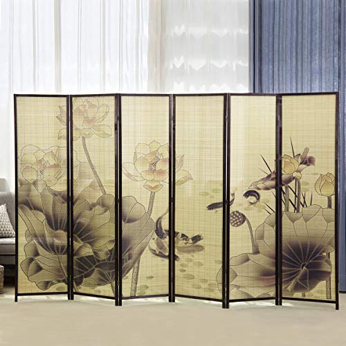 MyGift 4-Panel Folding Bamboo Room Divider Asian-Inspired Cherry Blossom Scene, 6 FT Freestanding Floral Artwork Room Partitioner with Beige Wood Frame