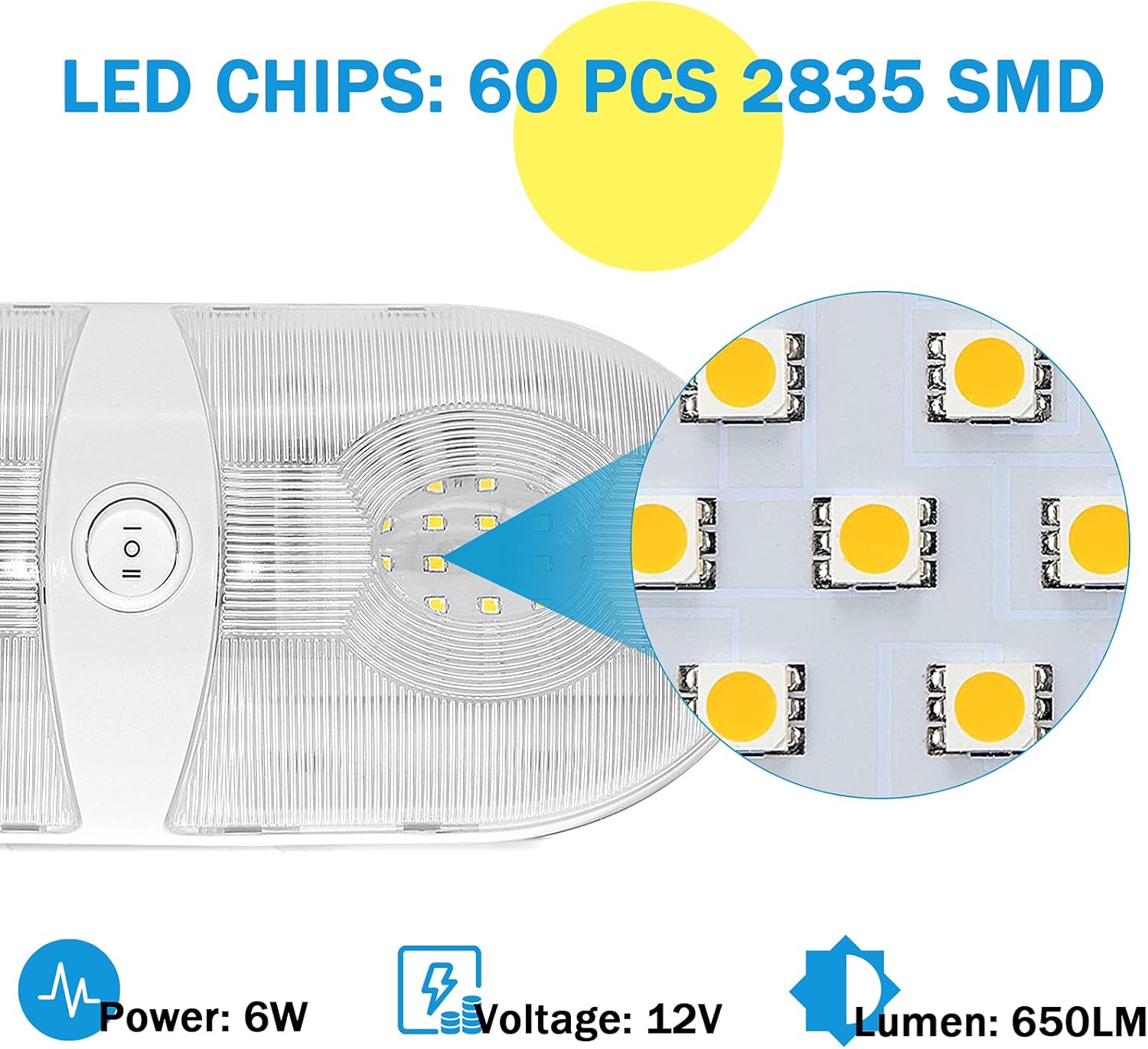 Miady RV Interior Light 650 Lumens 12V RV LED Ceiling Dome Light with ON/Off Switch for Car/RV/Trailer/Camper/Boat, Natural White 4000-4500K, 60X2835SMD (Pack of 5)