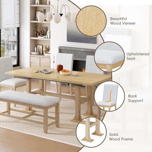 Farmhouse Kitchen Table Set with 1 Upholstered Bench and 4 Dining Chairs, 6-Piece Wood Dining Table Set for Kitchen, Dining Room, Dinette, Breakfast Nook, Grey + White