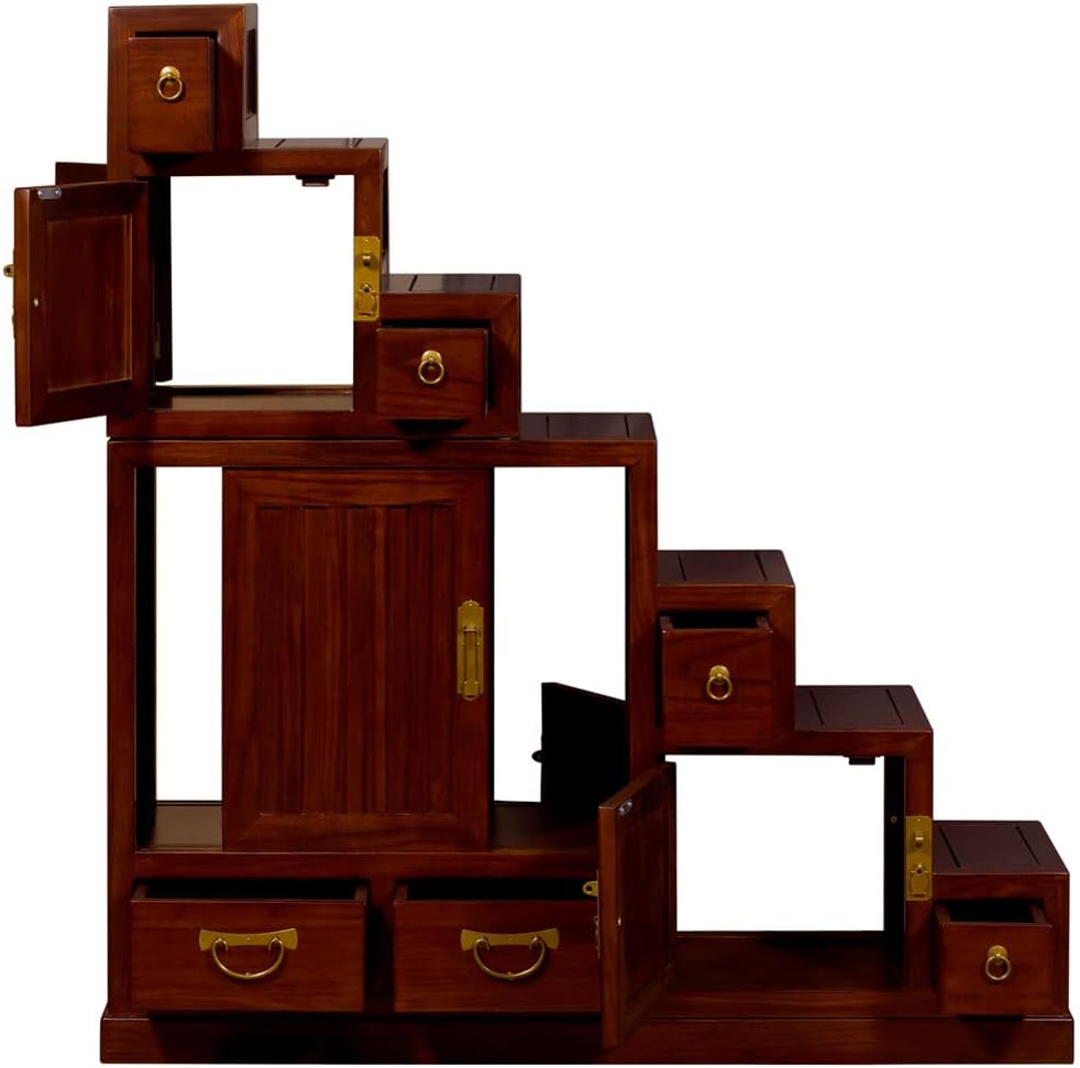 ChinaFurnitureOnline Elmwood Asian Cabinet, Japanese Step Tansu Chest in Mahogany Finish