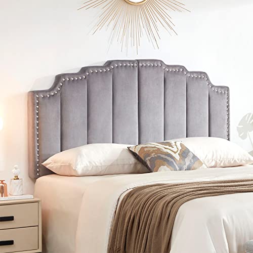 Kingfun Mid Century Headboard for King Size Bed, Velvet Upholstered Tufted Bed Headboard with Nailhead Decor, Adjustable Curved Solid Wood Head Board with Vertical Channel Design in Grey