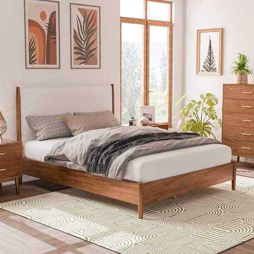 Furniture of America Wyatt Modern Solid Wood Queen Bed Frame with Headboard, Wooden Bedframe for Bedroom, Guest Room, No Box Spring Needed, Walnut, Boucle Platform