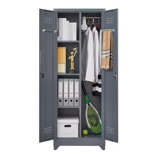 Metal Broom Storage Cabinet with Doors, 65" Steel Tool Storage Cabinet with Hanging Rod, Cleaning Storage Cabinet with Locking Doors, Broom Tool Storage Cabinet for Office, Garage