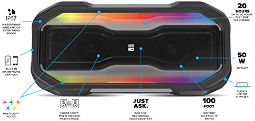 Altec Lansing ROCKBOX XL Wireless Bluetooth Speaker, Portable Waterproof Speaker with 20 Hour Playtime and 5 Illuminating LED Light Modes, Floating Wireless Speaker for Indoors and Outdoors