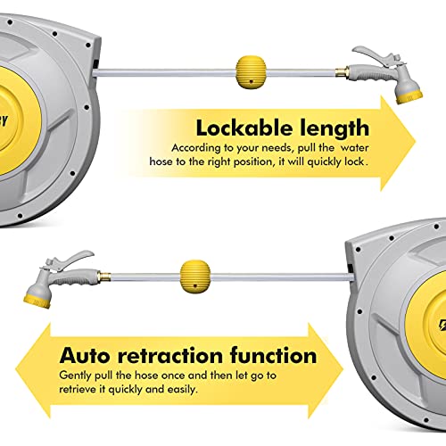 BLUBERY 5/8" x 100+6.7ft Retractable Garden Hose Reel, 39.3LB Super Heavy Duty, Any Length Lock, Slow Return System, Wide Handle, Wall Mounted and 180° Swivel Bracket, GHR01A