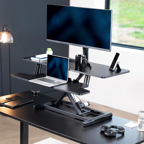 VIVO 42 inch Electric Motor Desk Converter, Height Adjustable Riser, Sit to Stand Dual Monitor and Laptop Workstation with Wide Keyboard Tray, Black, DESK-VE42B