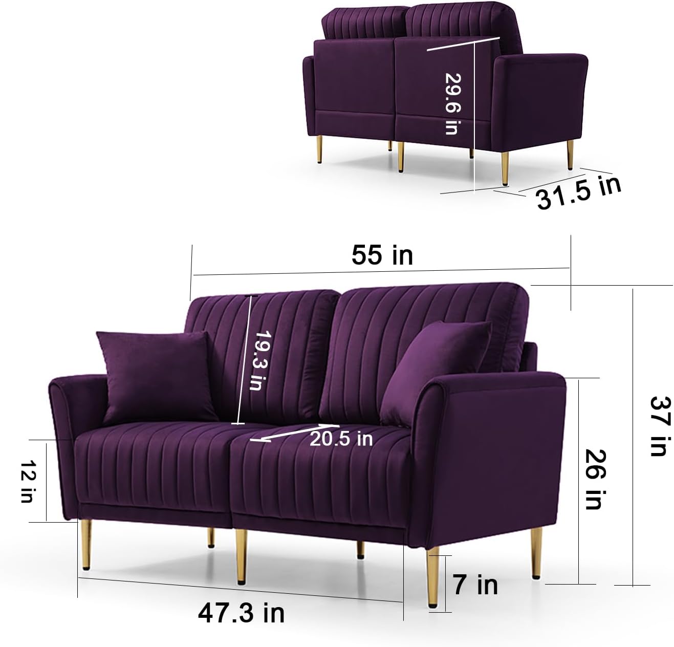Purple Velvet Upholstered Round Arm Loveseat 2 Seat Sofa with 2 Throw Pillows