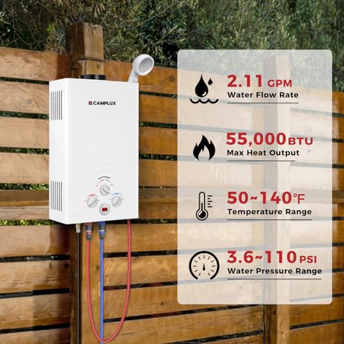 CAMPLUX 2.64 GPM Propane Portable Gas Water Heater, 68,000 BTU Outdoor Tankless Camping Water Heater with Digital Display, White