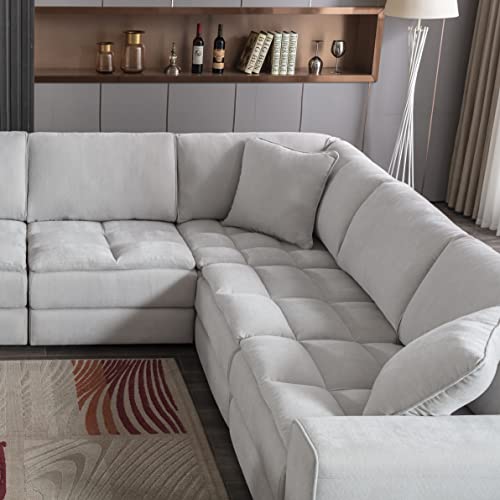 Roundhill Furniture Breton Modular Sectional Sofa Couch for Living Room, L Shape+Ottoman, 7-Piece, Oyster Grey