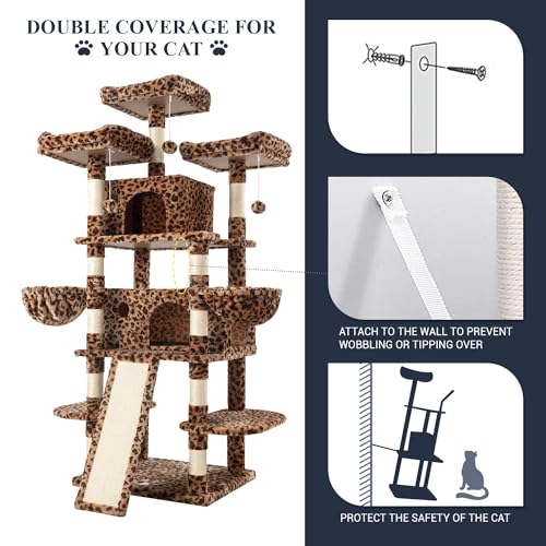 Allewie 68 Inches Cat Tree/House and Towers for Big Feline/Scratching Post/Multi-Level Large Kitty Climbing Tree with Condo/Smokey Grey
