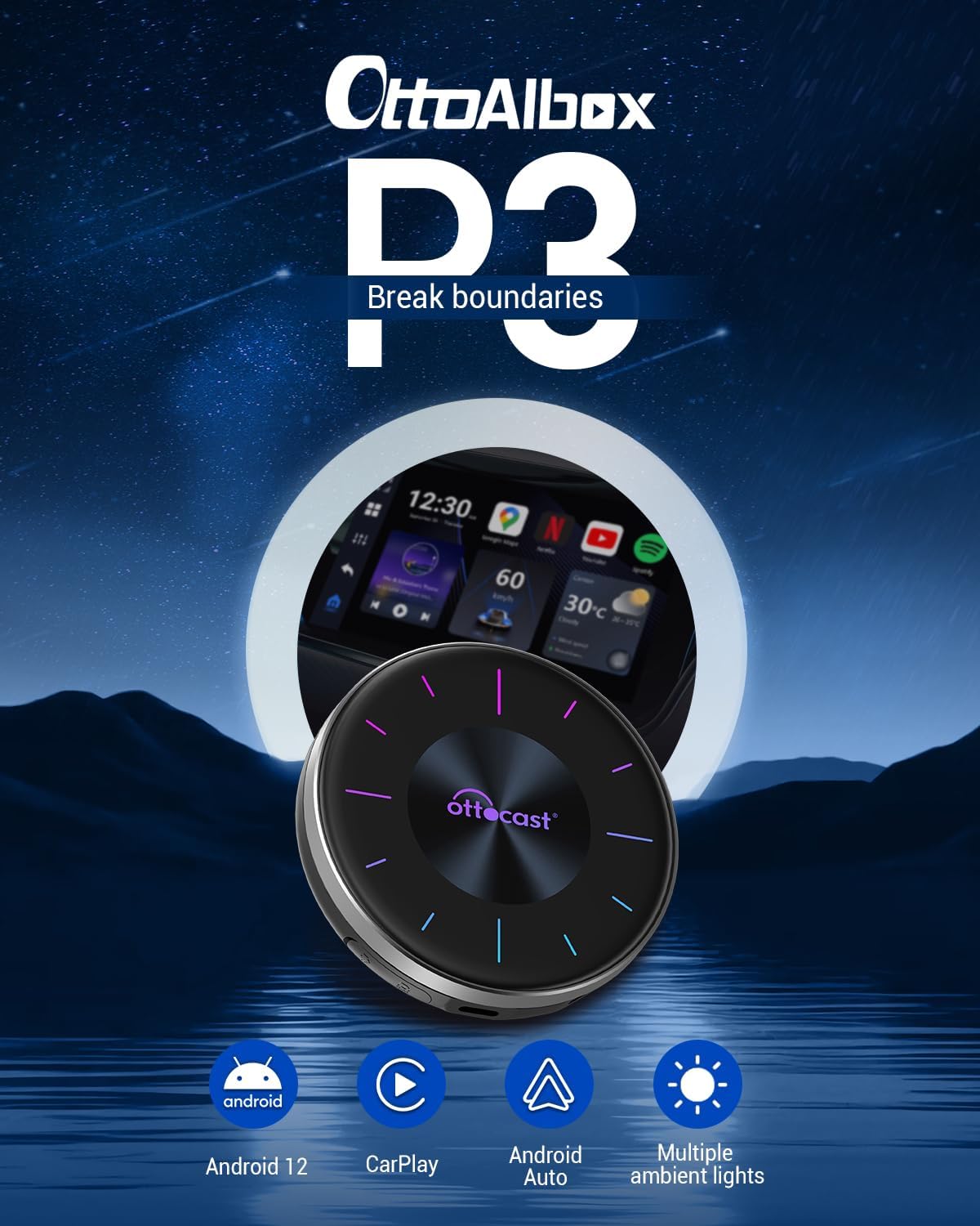 OTTOCAST P3 CarPlay AI Box - Android 12.0 CarPlay Video Adapter Wireless CarPlay Android Auto Adapter, Multimedia AI Box Support HDMI Output Youtube Netflix Disney+ Tiktok Streaming Videos to Your Car