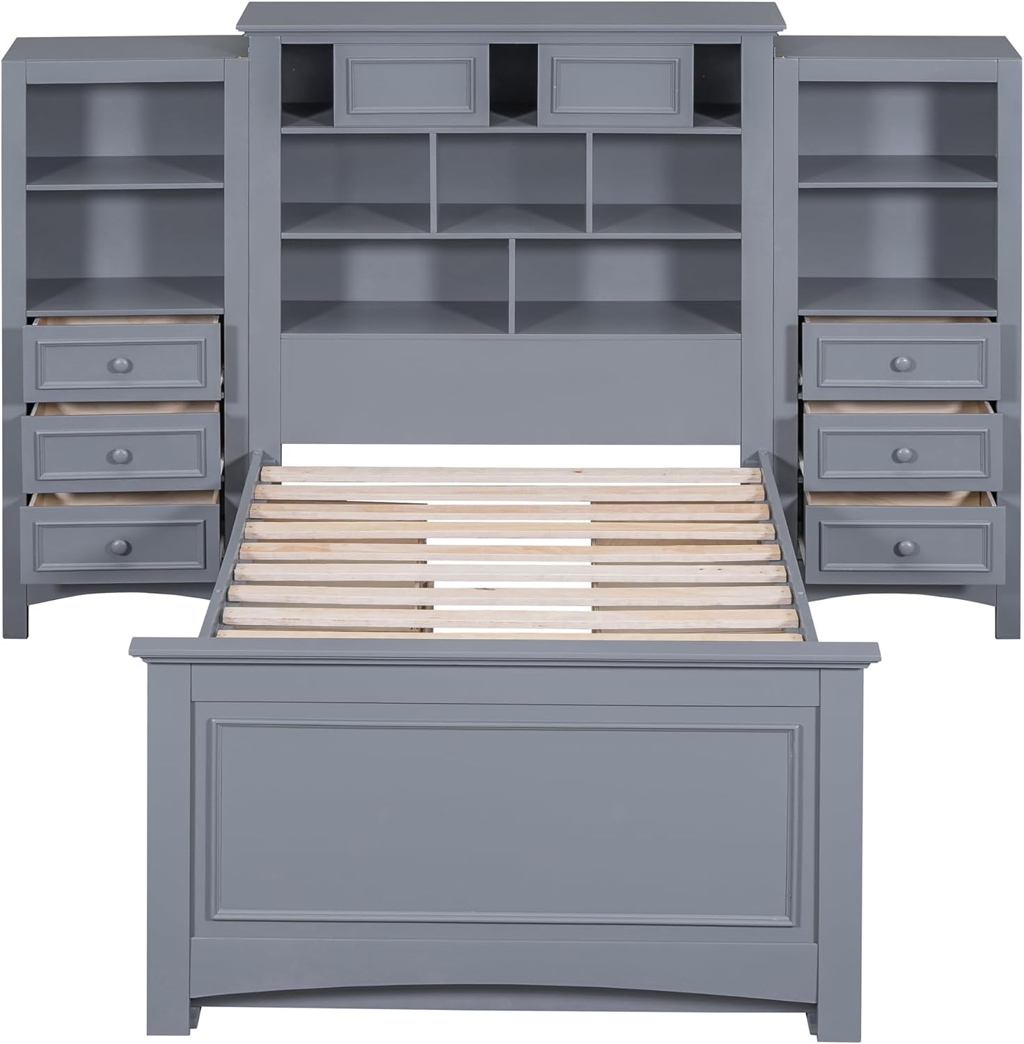 Twin Size Wood Platform Bed Frame with Bookcase Headboard and 4 Drawers on Each Side, Multi-Functional Beds with 12 Storage Shelves and 6 Drawers, for Bedroom Furniture, Space Saving, Gray