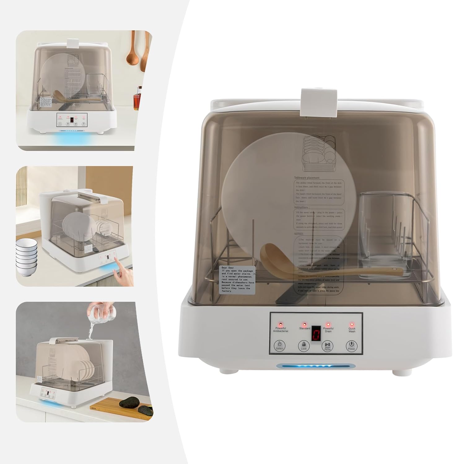 Headry Modern Visible Countertop Dishwasher with Built-in 1.59gal Water Tank, Portable Mini Counter Dishwasher, 3 Cleaning Mode, 360°Rotating Spray, Air-Dry Function Large Capacity (Brown&White)