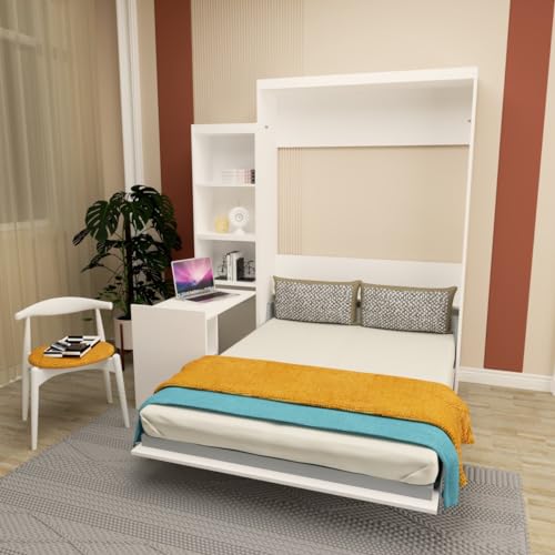 Full Size Vertical Murphy Bed with Shelf and Drawers for Bedroom or Guestroom White Wall Bed Space Saving Hidden Bed Gas Struts (White)