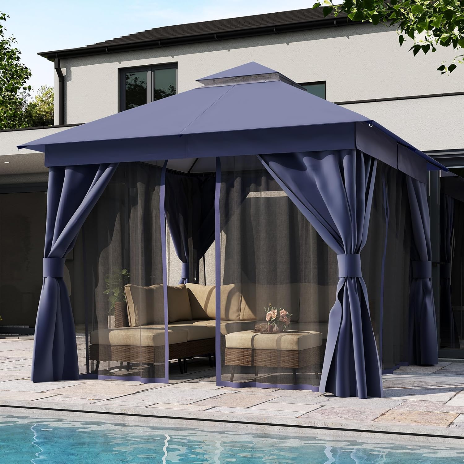 LAUSAINT HOME Outdoor Patio Gazebo 10'x10' with Expansion Bolts, Heavy Duty Gazebos Shelter Party Tent with Double Roofs, Mosquito Nettings and Privacy Screens for Backyard, Garden, Lawn, Navy Blue