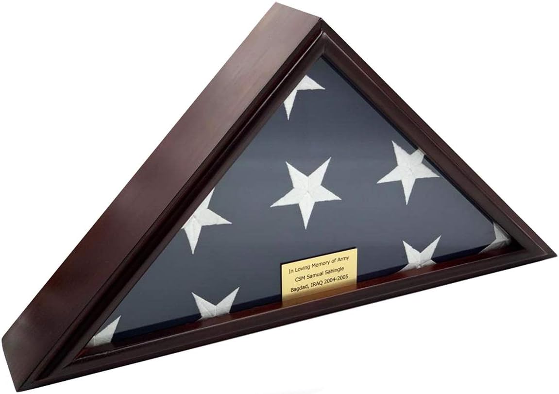 DECOMIL Flat Base 5x9 Flag Display Case for American Veteran Burial Flag - Solid Wood, Cherry Finish, Flag, with A Customized Name Plate, Marine