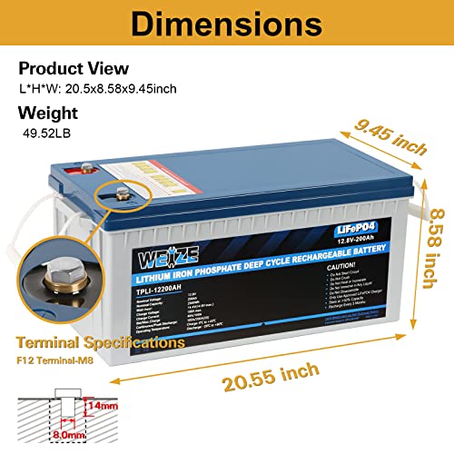 Weize 12V 100Ah TM LiFePO4 Lithium Battery, Built-in Smart BMS, Group 31 Deep Cycle Battery Perfect for Trolling Motor, RV, Solar, Marine, Overland/Van, and Off Grid Applications