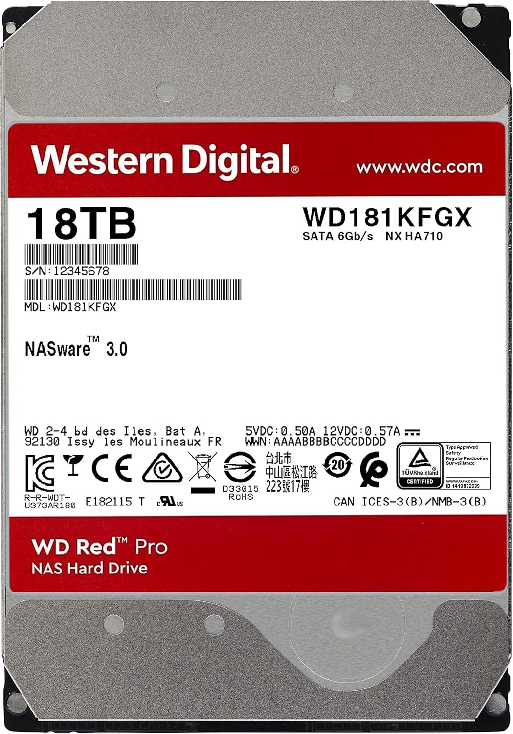 Western Digital 12TB WD Red Pro NAS Internal Hard Drive HDD - 7200 RPM, SATA 6 Gb/s, CMR, 256 MB Cache, 3.5 - WD121KFBX