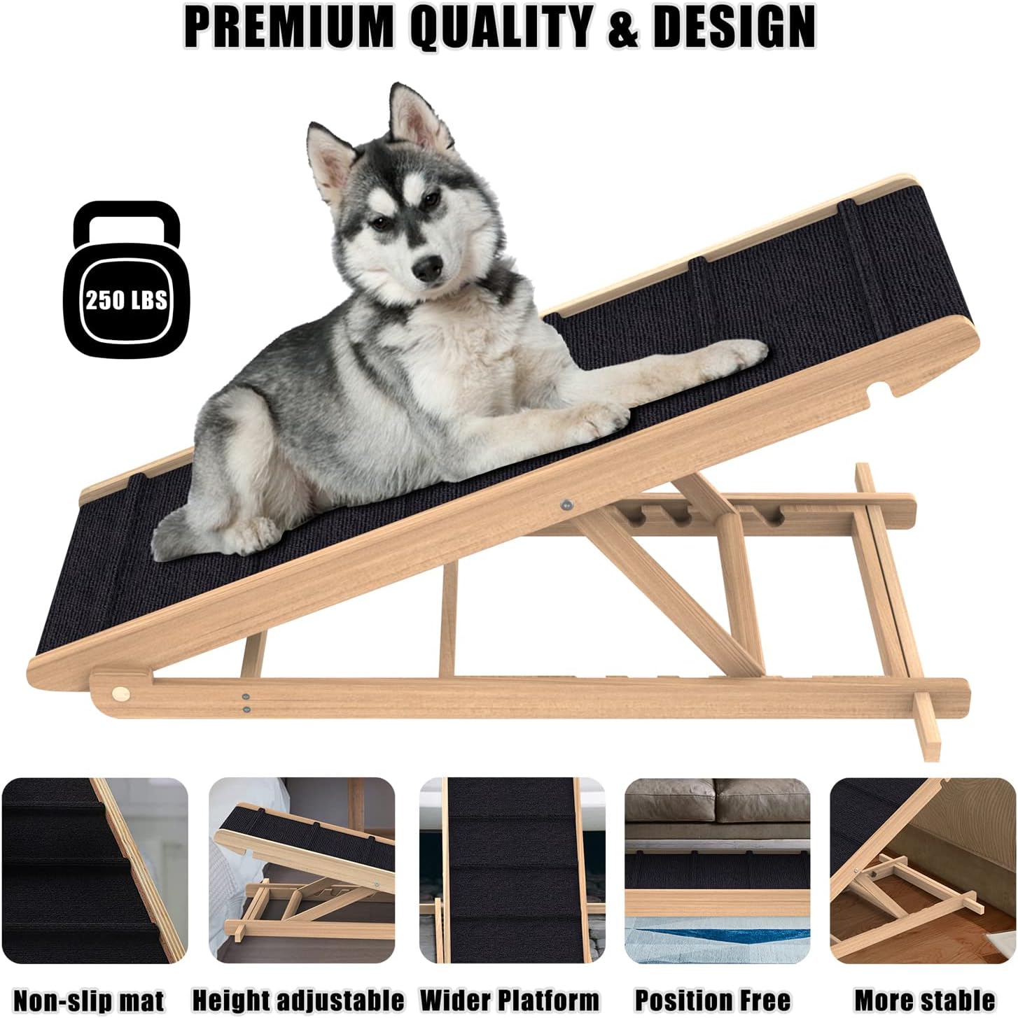 Adjustable Dog Ramp for All Dogs and Cats - Folding Portable Pet Ramp for Couch or Bed with Non Slip Paw Traction Mat, 40”Long and Height Adjustable from 10”to 24” - Up to 250 Lbs