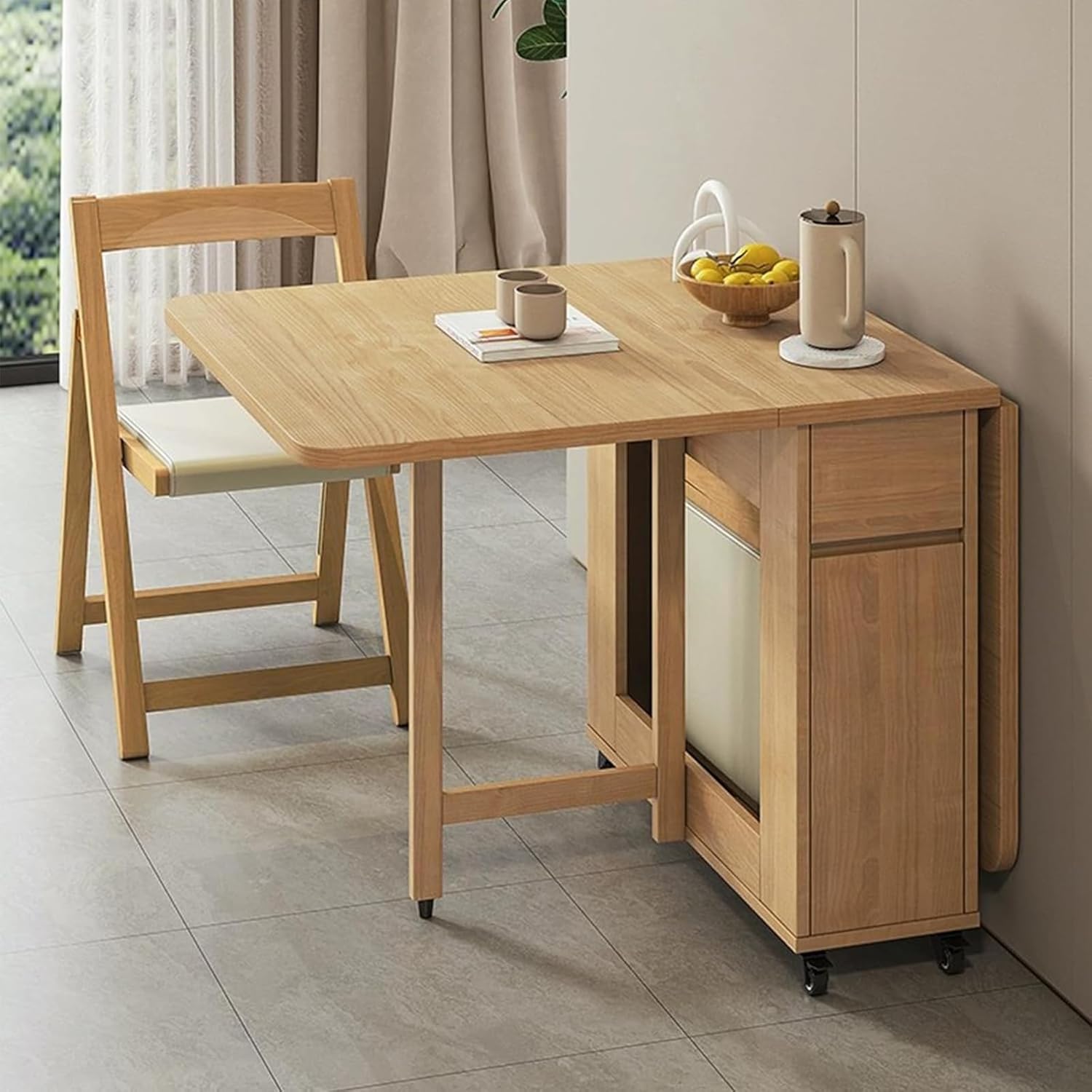 Folding Dining Table and Chairs, Solid Wood Drop Leaf Table Set, 1.4m Extendable Table with Chairs, Space Saving Foldable Table for Kitchen Living Room, Beige