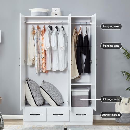 3-Door Armoire Wardrobe Closet Storage, Wood 3 Drawers White Closet Cabinet for Large Capacity with Hanging Rod and Metal Handles for Tall Cabinet Closet 47.3" L x 20.3" W x 74.2" H