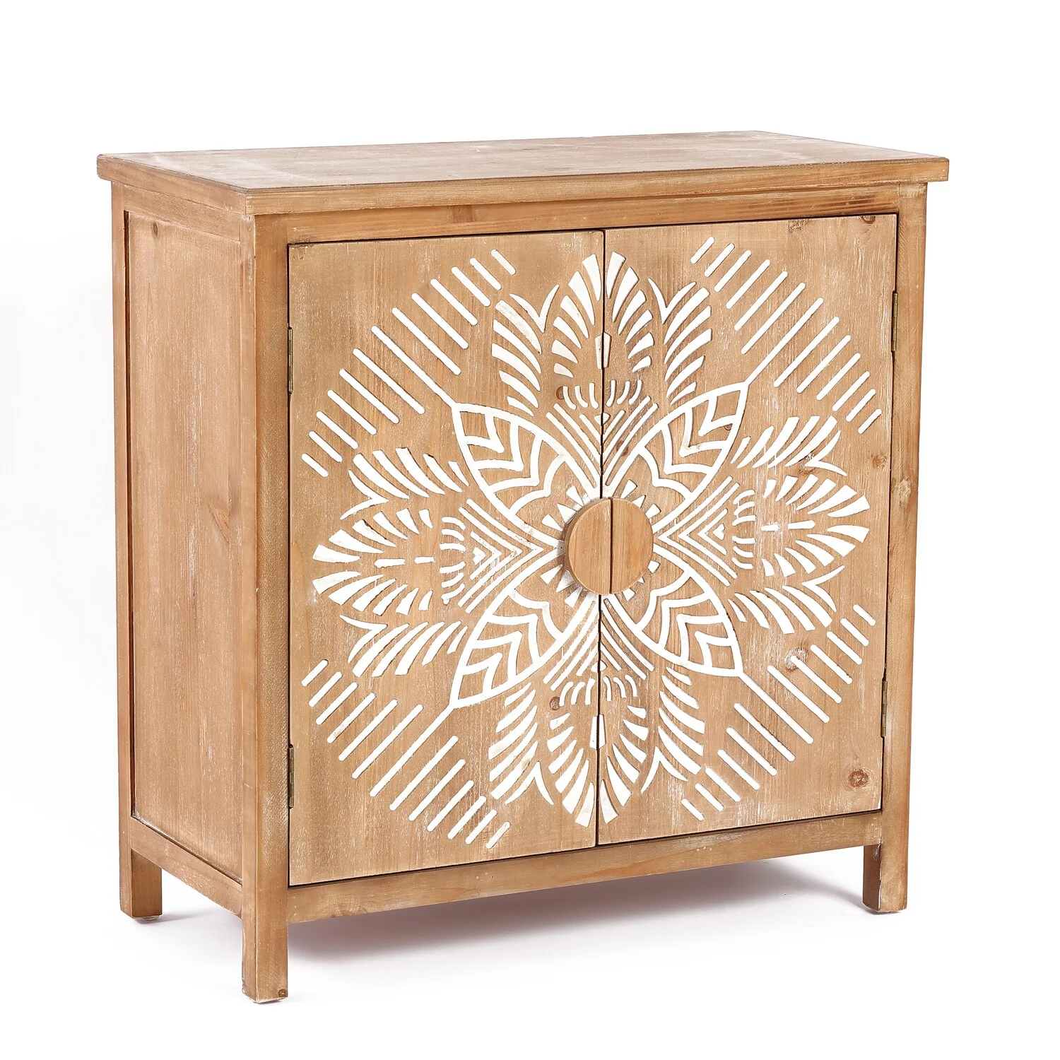 LuxenHome Natural Wood Floral 2-Door Storage Cabinet