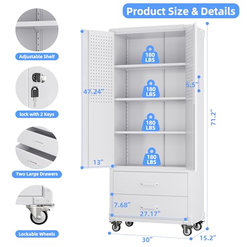 Aobabo 73''H Metal Garage Storage Cabinet with Wheels and Pegboards, 4 Adjustable Shelves Steel Storage Cabinets for Home,Warehouse,Garage,Assembly Required,White