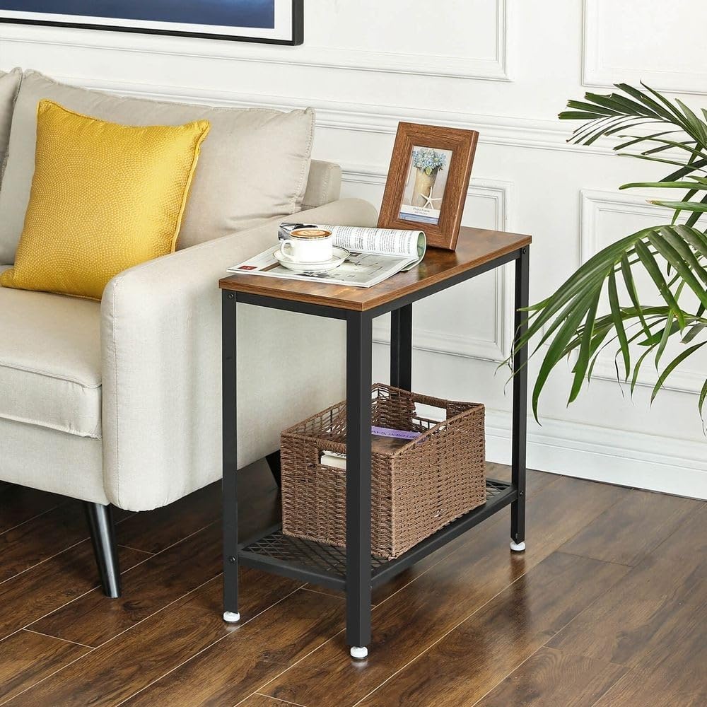 Industrial Rustic Brown Side Table with Mesh Shelf Reclaimed Wood Natural Finish