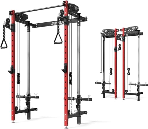 Mikolo Folding Squat Rack, Wall Mounted Power Rack with Cable Crossover Machine & LAT Pull Down, Functional Trainer with 5 Adjustable Function Modes, for Home Gym and Space Saving