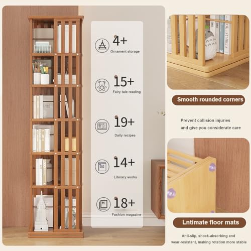 Bamboo 360 Rotating Bookshelf, 6Tier Rotating Bookshelf Tower with Open Design Shelving, Simple Household Bamboo Book Shelf Organizer for Living Room Study Room Office (Color : Wood Color)
