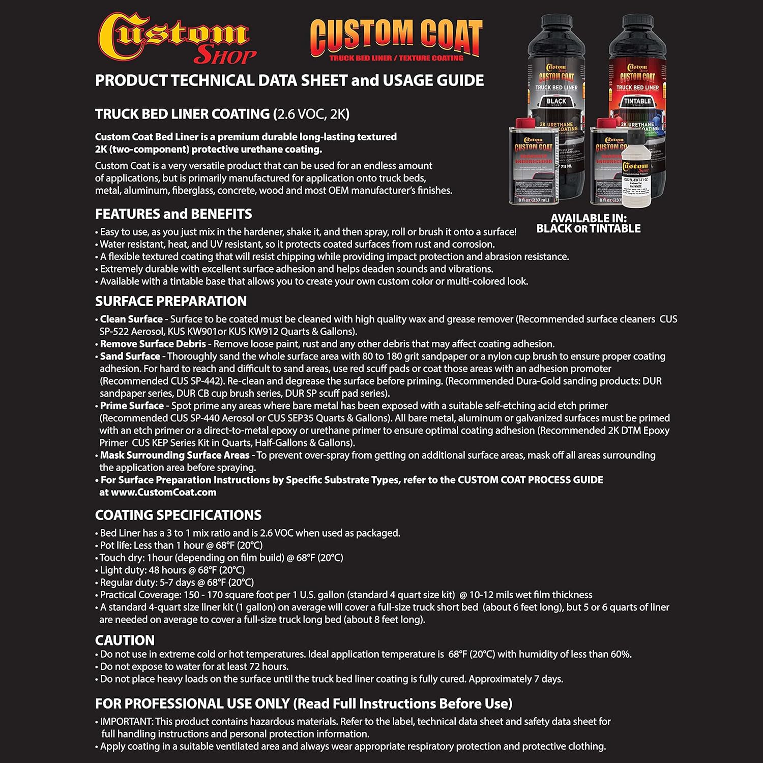 Custom Coat Black 1 Gallon Urethane Spray-On Truck Bed Liner Kit - Easy 3 to 1 Mix Ratio, Just Mix, Shake and Shoot - Professional Durable Textured Protective Coating, Prevent Rust - Car, Auto