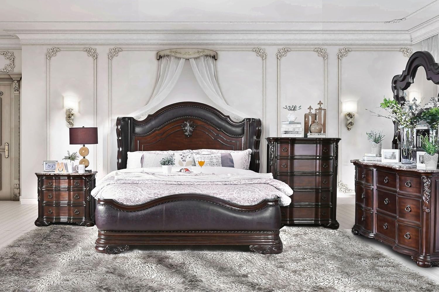 Arcturus Collection Traditional Luxurious Wingback Design Leatherette Eastern King Size Bed Genuine Marble Top Dresser Nightstand Mirror 4pc Set Brown Cherry Finish