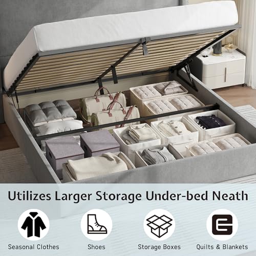 Jocisland Lift Up Storage Bed Queen Size, Upholstered Platform Bed Frame Tall Headboard Wingback, Hydraulic Lifting Underneath/Wood Slats Support (Black)