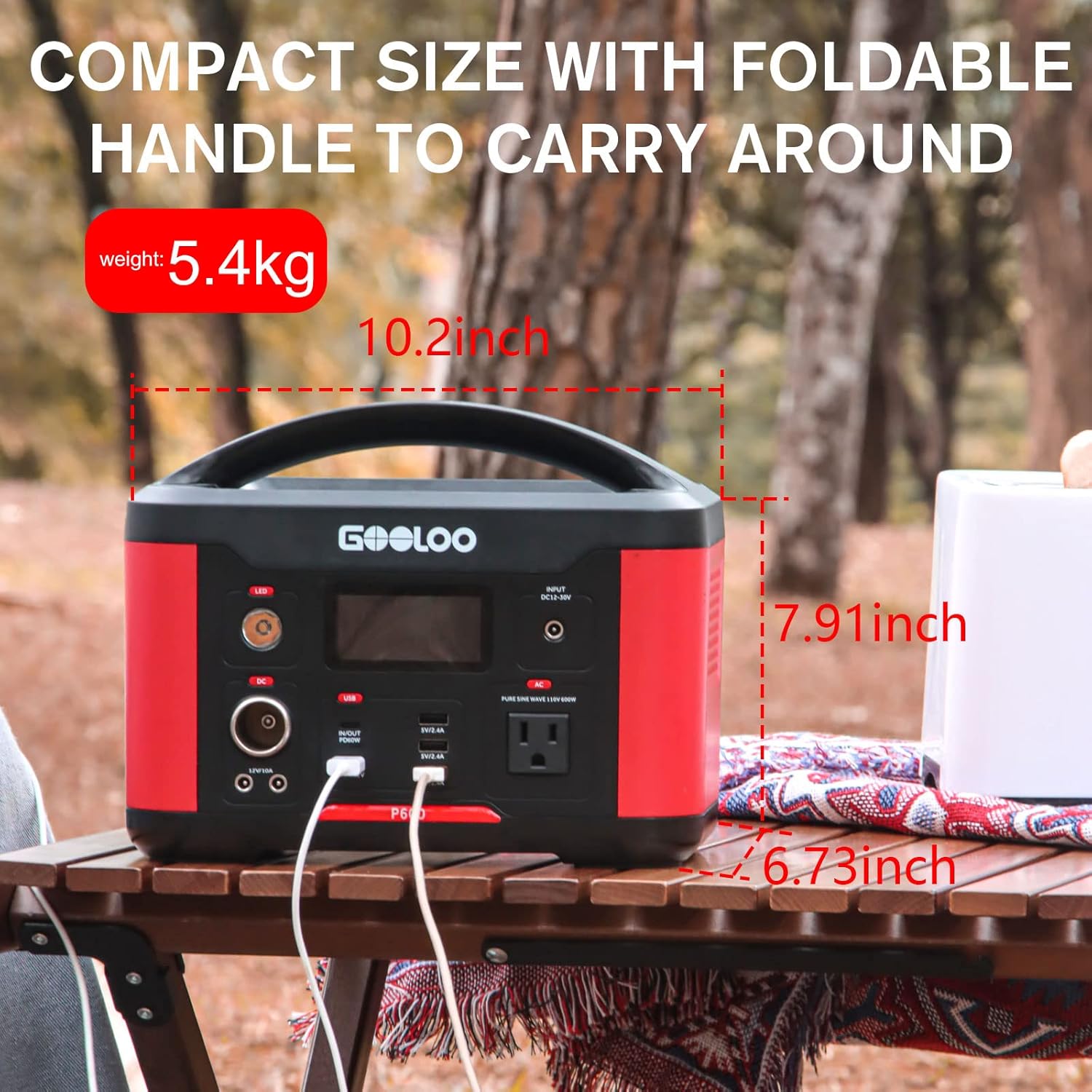 GOOLOO Portable Power Station P600, 626Wh Outdoor Generator with 110V/600W AC Outlets & LED Flashlight,PD 60W Input/Output, QC 3.0 Port, SuperSafe Backup Lithium Battery for Outdoor RV/Van Camping, Emergency