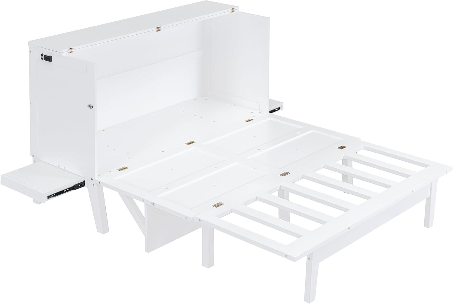 Queen Size Murphy Bed with USB Port & Removable Shelves for Bedroom, Living Room, Foldable Canbinet Bedframe w/Wooden Slat Support, No Spring Box Needed, White