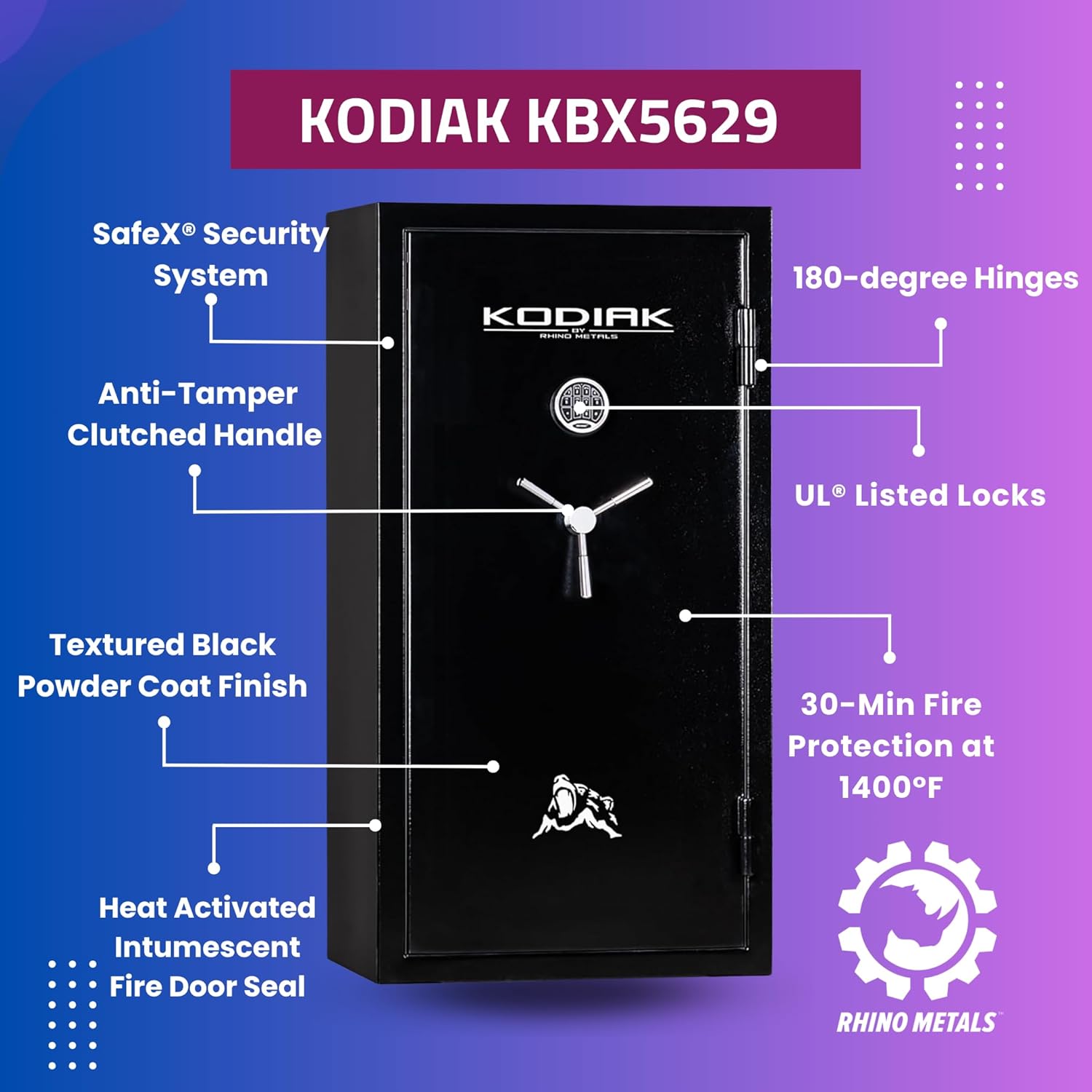 Kodiak Home Gun Safe for Rifles & Pistols | KBX5629 by Rhino Metals with New SafeX Security System | 42 Long Guns & 9 Pistol Pockets | 30 Minute Fire Protection | 390lbs