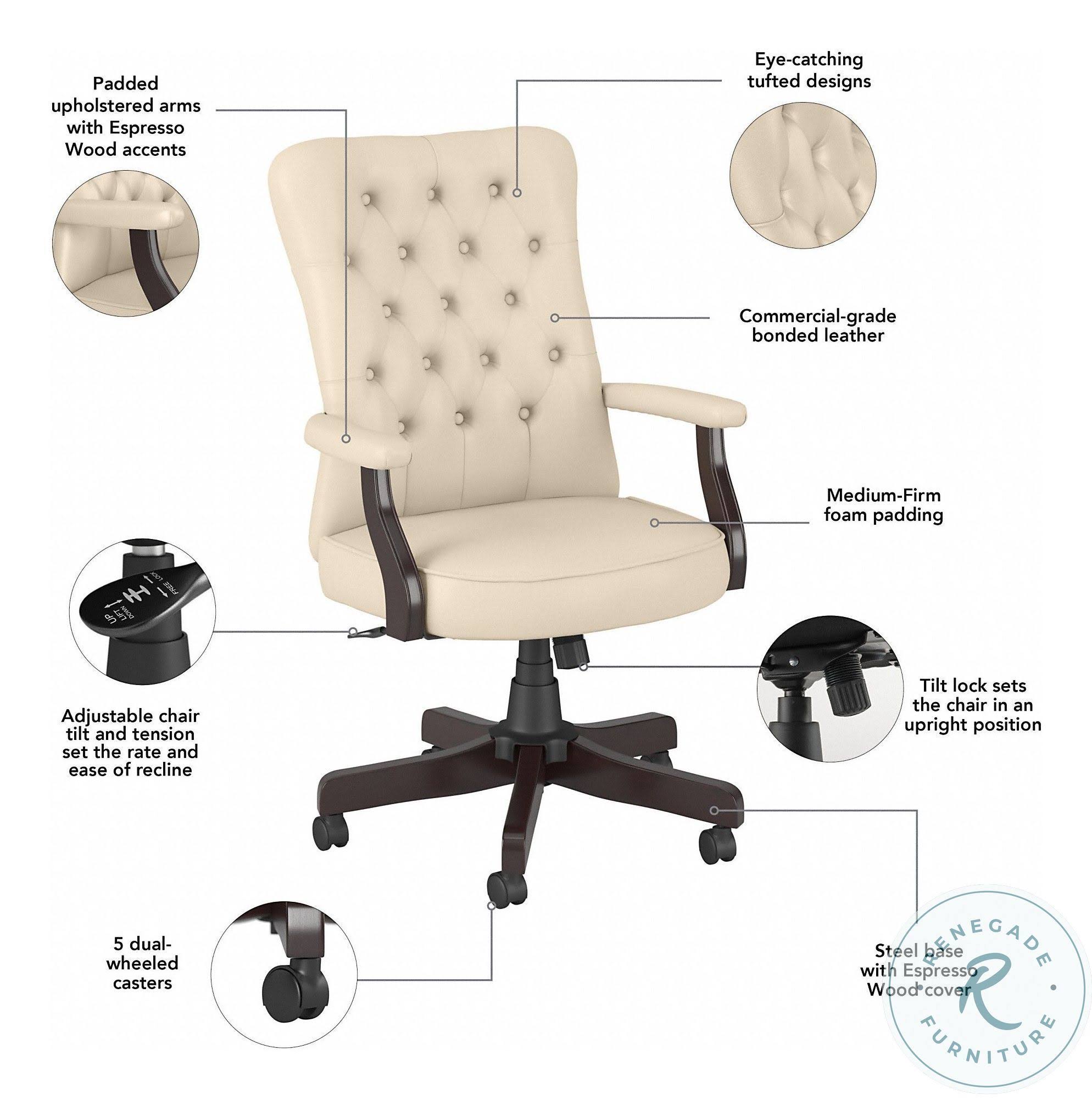 Bush Business Furniture Arden Lane High Back Tufted Office Chair with Arms - Antique White Leather