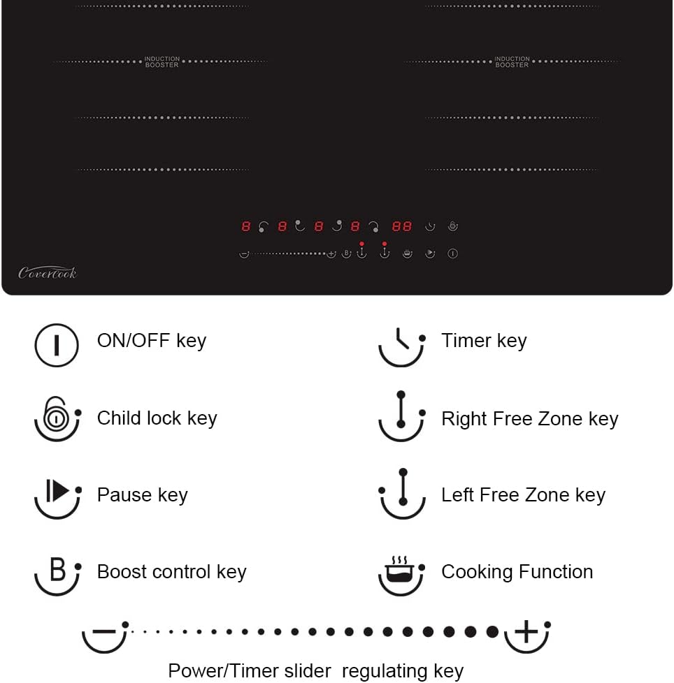 COVERCOOK Induction Cooktop 24 Inch, Built in Cooker Electric Hot Plate 4 Zones with 2 Flex Zones for Grill Plate BBQ, Power Boost, Child Safety Lock, Touch Control, Black 7200W
