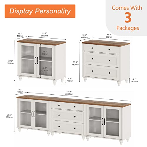 WAMPAT 3-in-1 Sideboard Buffet Cabinet with Storage, Kitchen Pantry Storage Cabinet with Glass Door & Drawer, Console Table Entertainment Center for Living Room Dining Room, Off White