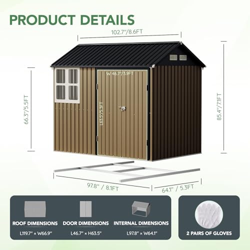 10X12X7.5 FT Outdoor Steel Storage Shed with Lockable Doors, 2 Windows, Transparent Roof Panels (Wood Panels & Frame Floor Not Included), Ideal for Patio Storage,Garbage Can, Chicken Coop，Brown