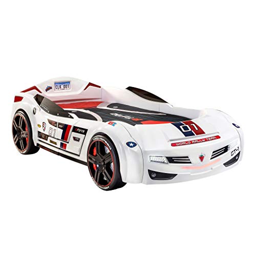 BiTurbo Twin Kids Race Car Bed Frame For Boys at age 2 to 12, Remote Controlled, LED Headlights, Engine Sound, License Plate, Black