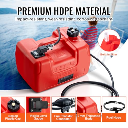 VEVOR Boat Marine Fuel Tank, 12 Gallon/55L, Portable Fuel Gas Tank for Outboard Engine Boats, Plastic Outboard Marine Boat Fuel Tank with Hose, Easy to Carry for Yacht, Fishing Boat, Deck Boat, Red