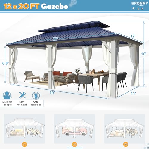 EROMMY 14'x20' Hardtop Gazebo Double Roof Galvanized Steel Canopy Outdoor Aluminum Frame Permanent Metal Pavilion with Netting and Curtains for Patio Backyard Deck and Lawns