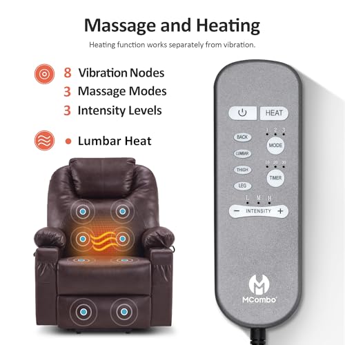 MCombo Power Lift Recliner Chair for Elderly, Lift Chair with Heat and Massage, FSC Certified, USB Ports, Cup Holders, Faux Leather 7040 (Black, Medium)