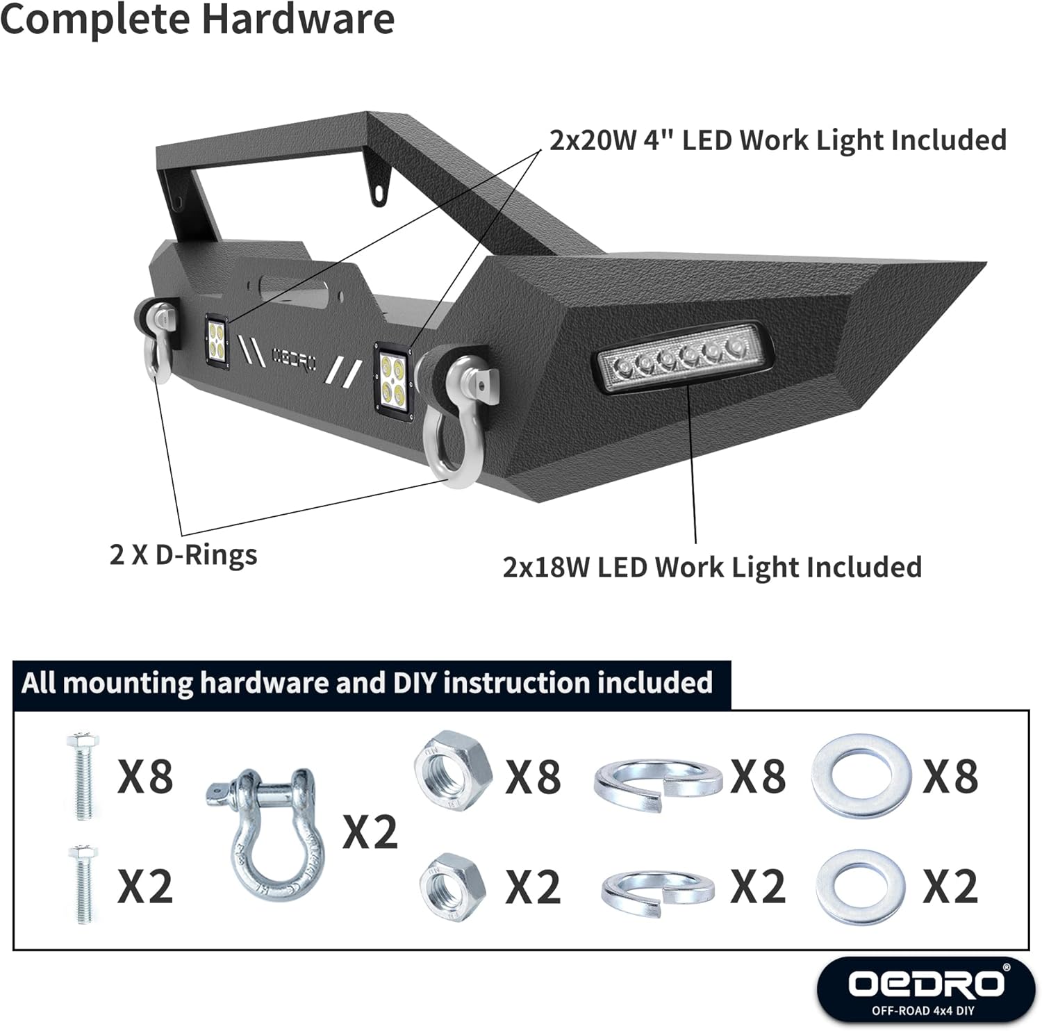 OEDRO Front Bumper Compatible with 2018-2024 Jeep Wrangler JL & Unlimited, 20-24 Gladiator, Rock Crawler Bumper with Winch Plate Mounting & 4 x LED Lights & 2 x D-Rings
