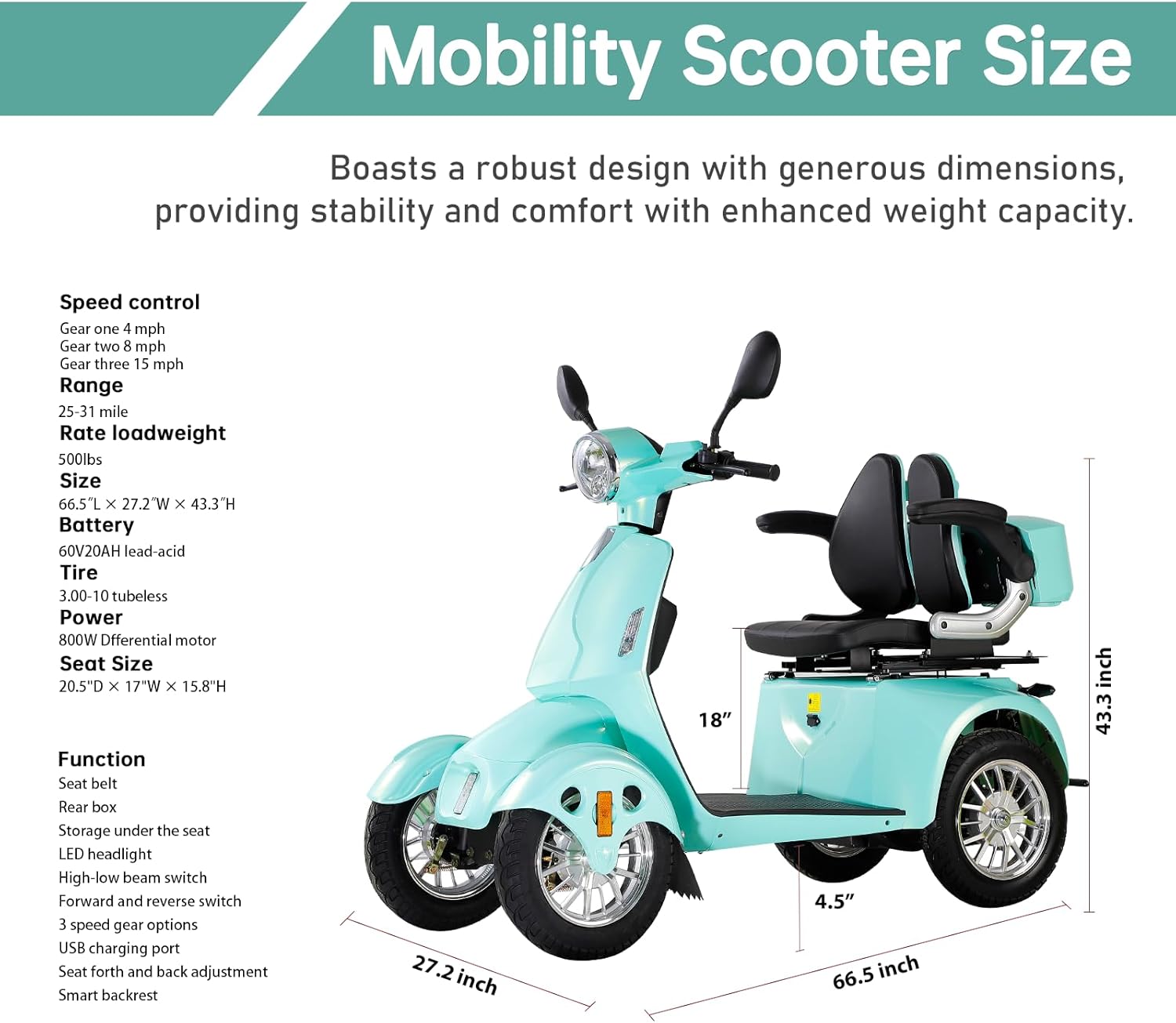 800W Heavy Duty 4 Wheel Mobility Scooters for Seniors & Adults 500lbs Capacity, Powered Mobility Scooters with 3-Speed Control & USB Charger Port, Under Seat Storage, Green