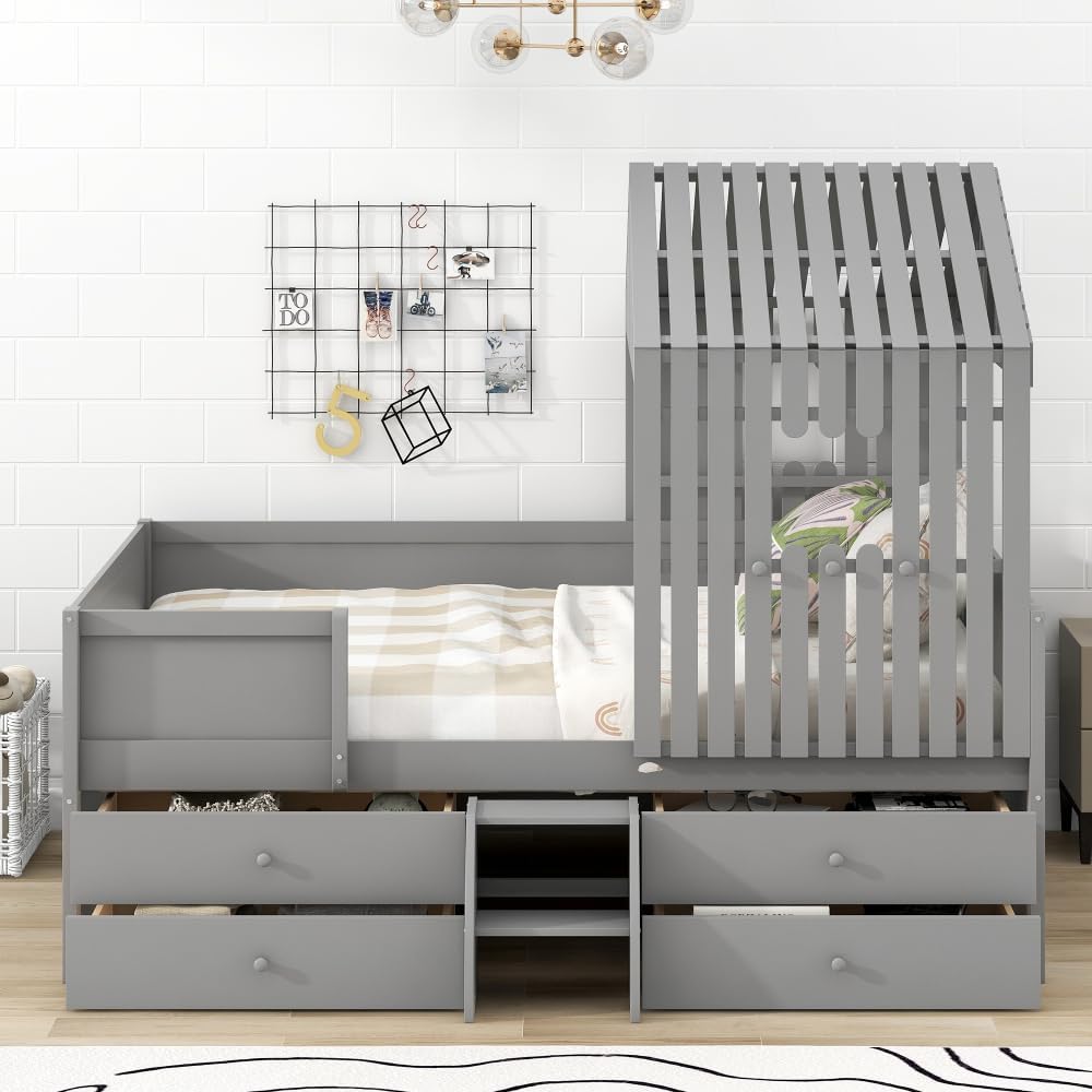 Full Size House Low Loft Bed with Four Drawers,Gray 2-Numbers of Package Pine+MDF 350Lb 10pcs 77.8" L*57.6" W*60" H Wood GX001806AAE-1